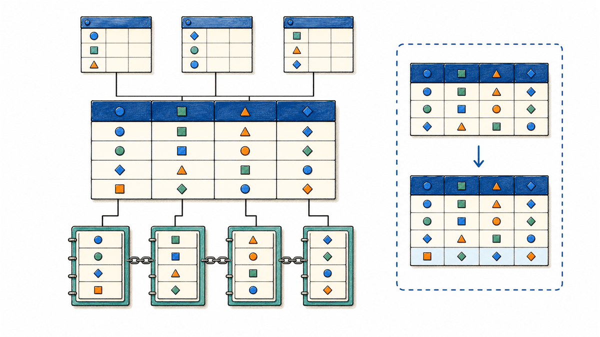 Diagrama conecta diferentes visões ao esquema conceitual e ao armazenamento físico, comparando dois estados da mesma estrutura