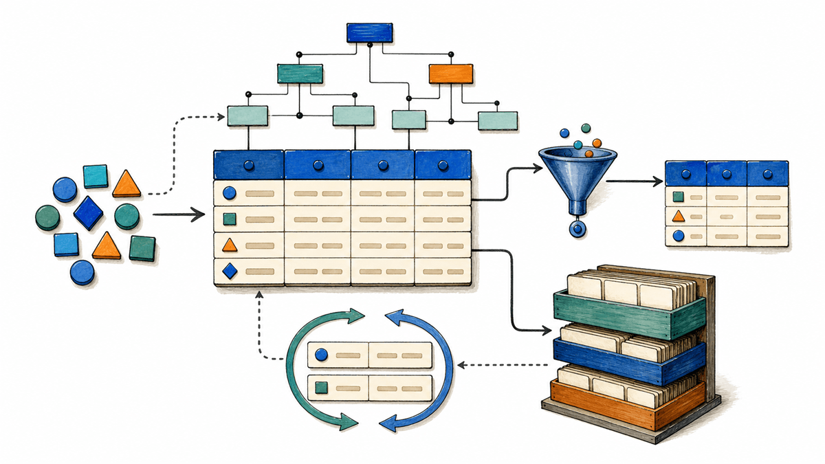 Diagrama mostra fatos sendo organizados em uma estrutura relacional, consultados, armazenados e atualizados