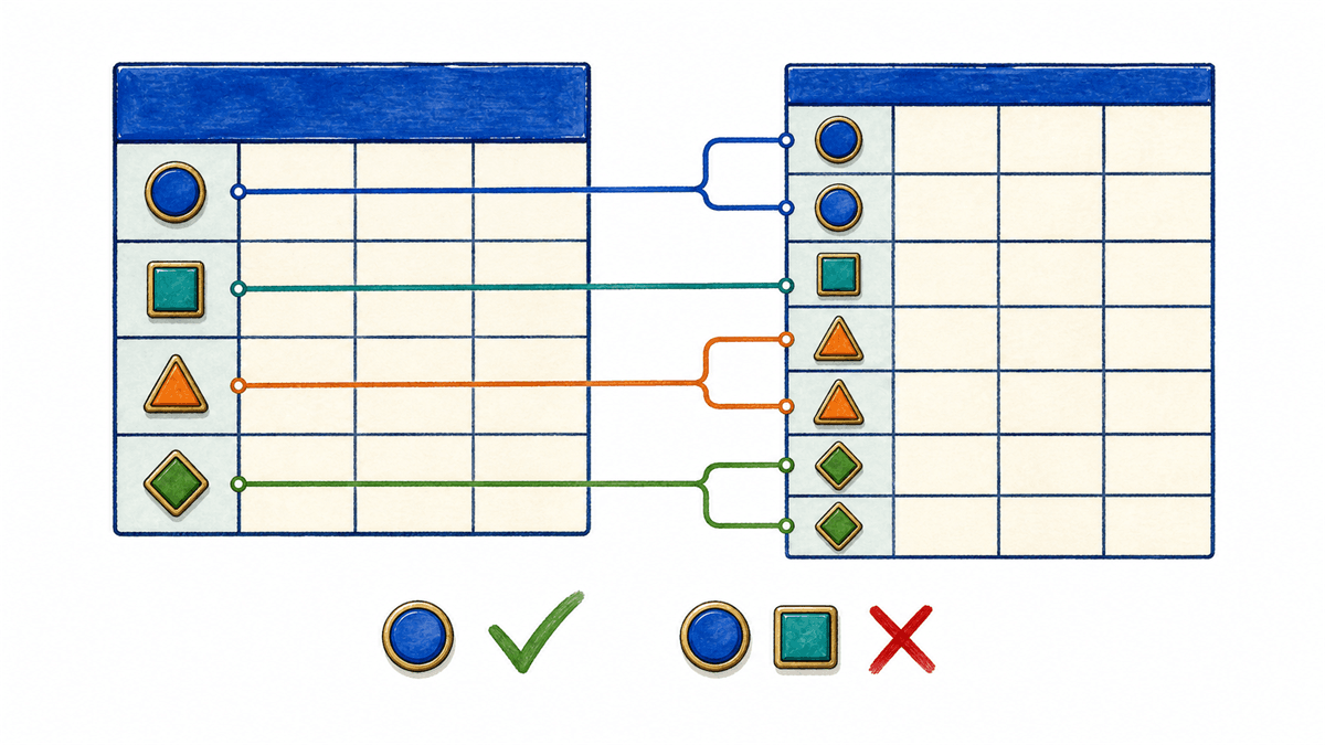 Identificadores únicos de uma relação conectam-se às referências correspondentes em outra, acompanhados de um teste de minimalidade