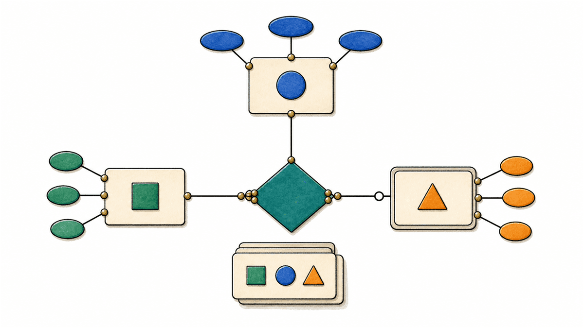 Diagrama entidade-relacionamento conecta três entidades, seus atributos e um relacionamento com cardinalidade e participação