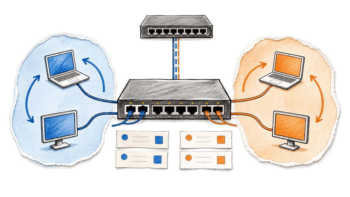 Switch central separa dispositivos em dois grupos lógicos e mantém uma tabela artesanal de caminhos enquanto um enlace transporta as duas VLANs