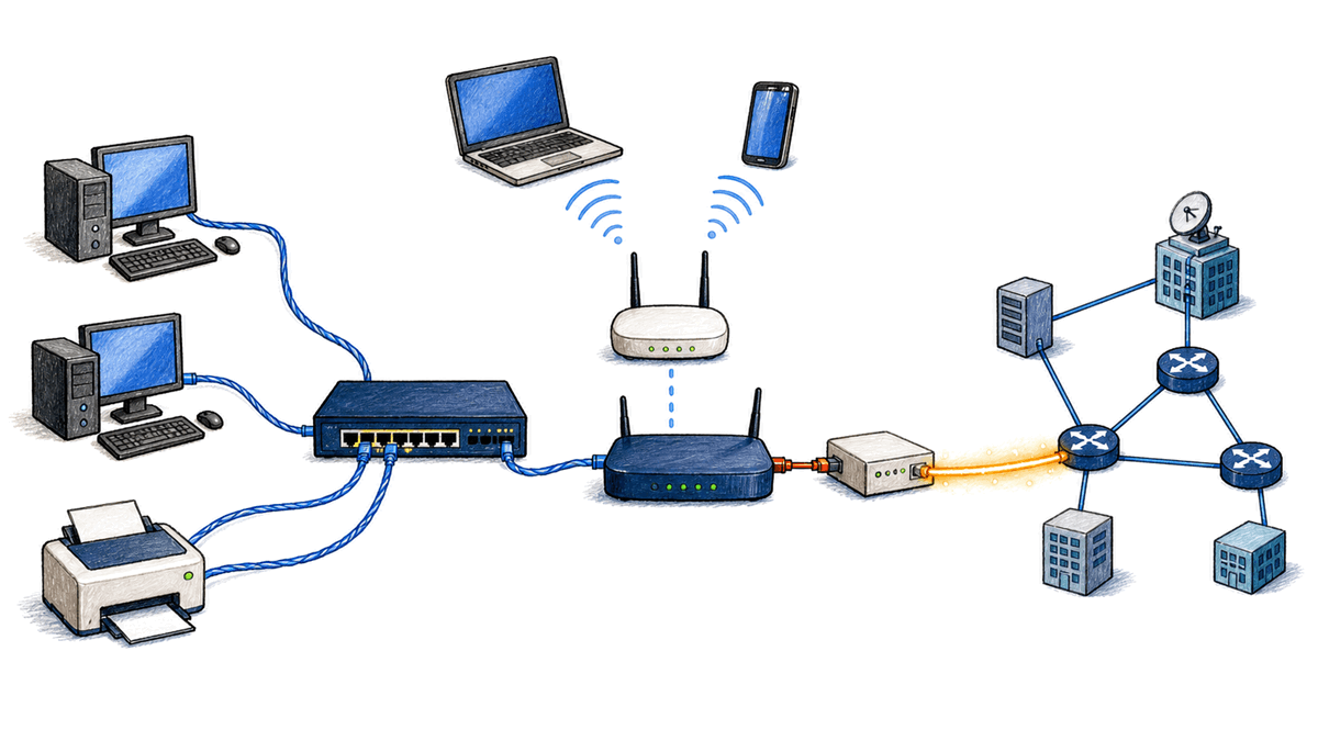 Computadores cabeados e dispositivos sem fio conectam-se por switch, ponto de acesso, roteador e fibra a uma rede externa