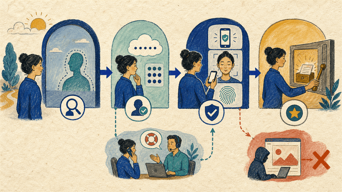 Pessoa passando por identificação, senha, dispositivo e biometria antes de acessar uma operação sensível, com recuperação segura