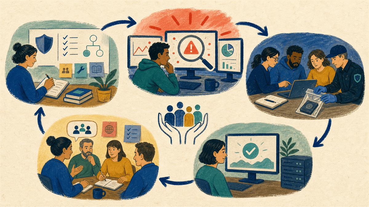 Ciclo de preparação, detecção, análise, contenção com evidências, recuperação validada e aprendizado coletivo