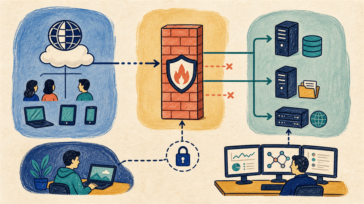 Rede separada em usuários e servidores, com firewall filtrando tráfego, acesso remoto protegido e monitoramento